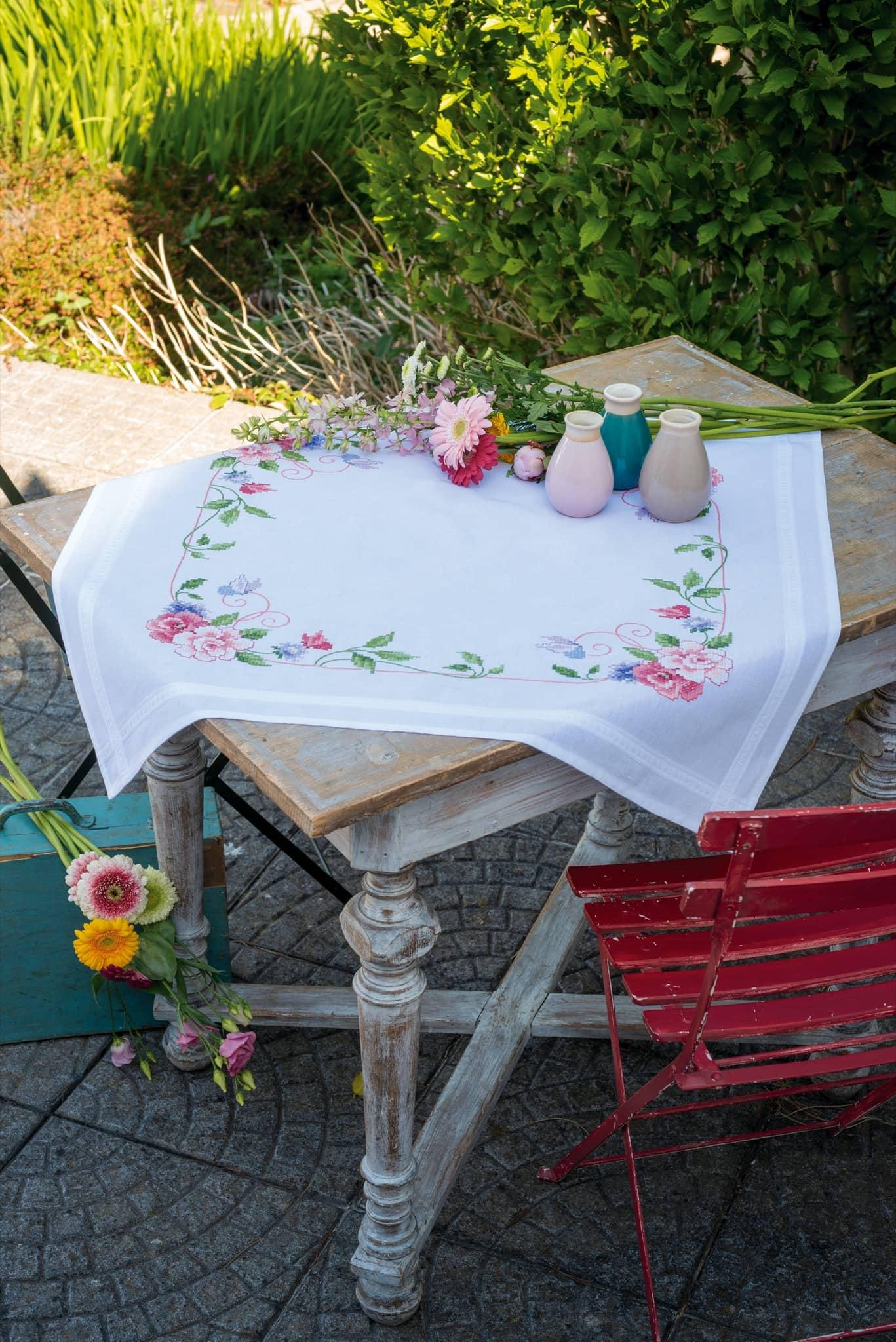 Vervaco Flowers & Butterflies Tablecloth Embroidery Kit - Woolshop.co.uk